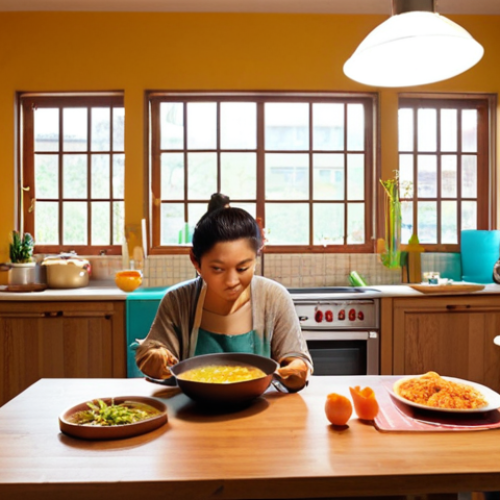 Home 4 **
* Prompt: A brightly lit, inviting home interior transformed into a vibrant cultural center. Language learning materials (post-its, books) are subtly visible. A person cooks a meal while listening to a podcast, alluding to language immersion at home.
**