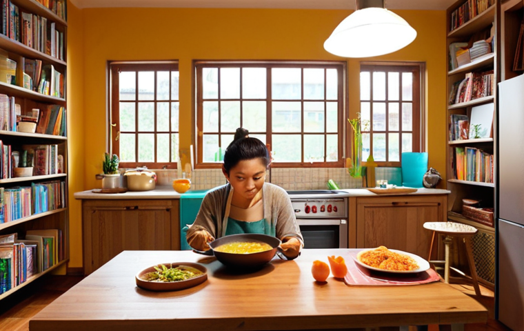 **
* Prompt: A brightly lit, inviting home interior transformed into a vibrant cultural center. Language learning materials (post-its, books) are subtly visible. A person cooks a meal while listening to a podcast, alluding to language immersion at home.
**