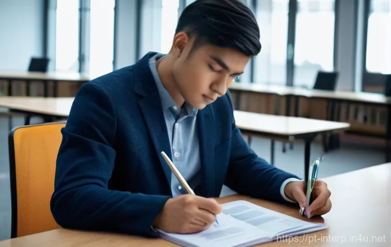 국제통역사 이론 시험 준비 - **Prompt:** A focused young adult, gender-neutral, in their late 20s, dressed in a comfortable yet s...