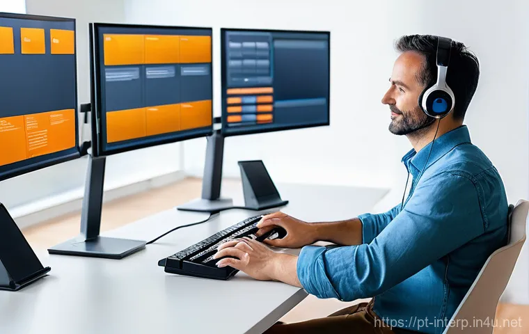 국제통역사 전문성 강화 방법 - **Prompt 1: Specialized Interpreter in a Modern Study**
    "A highly focused female interpreter, in...