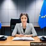 Home 18 국제통역사 경력 개발 - A professional international interpreter seated at a modern conference table, wearing smart business...