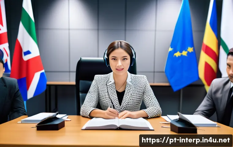 국제통역사 경력 개발 - A professional international interpreter seated at a modern conference table, wearing smart business...