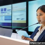 Home 17 국제통역사 취업을 위한 전략 - A professional international interpreter at a busy conference, wearing smart business attire and a d...