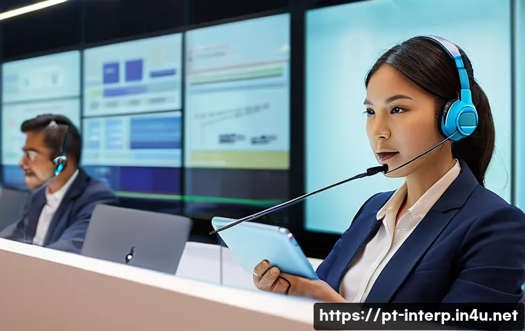 국제통역사 취업을 위한 전략 - A professional international interpreter at a busy conference, wearing smart business attire and a d...