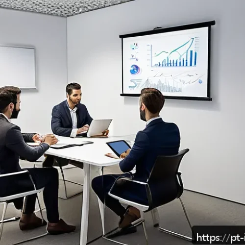 Home 28 통역사 연습법 - A modern office setting with a diverse group of professionals engaged in a meeting, focusing on a ce...