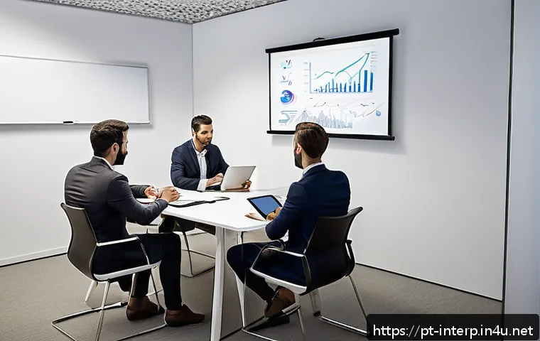 통역사 연습법 - A modern office setting with a diverse group of professionals engaged in a meeting, focusing on a ce...