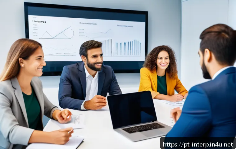 통역사 실무 사례 분석 - A professional multicultural business meeting scene in a modern Brazilian office, featuring diverse ...